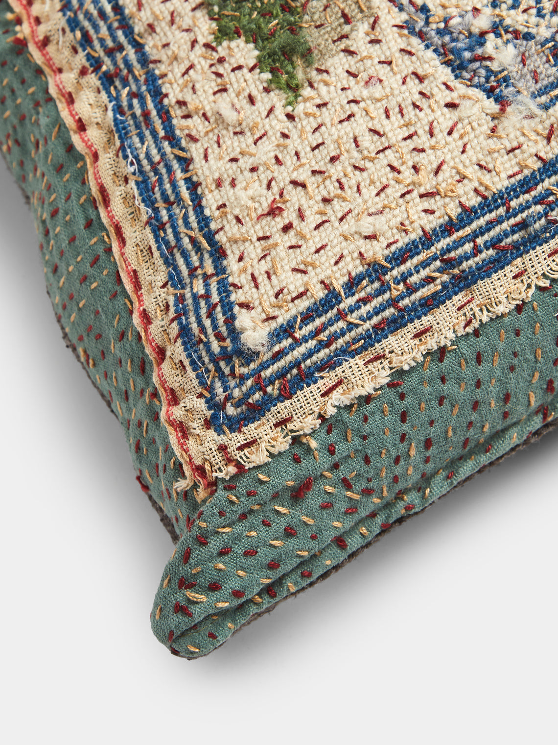 By Walid - 19th-Century English Needlepoint Wool and Linen Cushion (17.5in/45cm) - Blue - ABASK