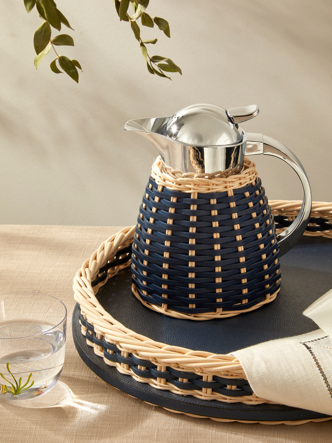 Pigment France - Chantilly Leather and Rattan Carafe (20oz/0.6L) - Blue - ABASK