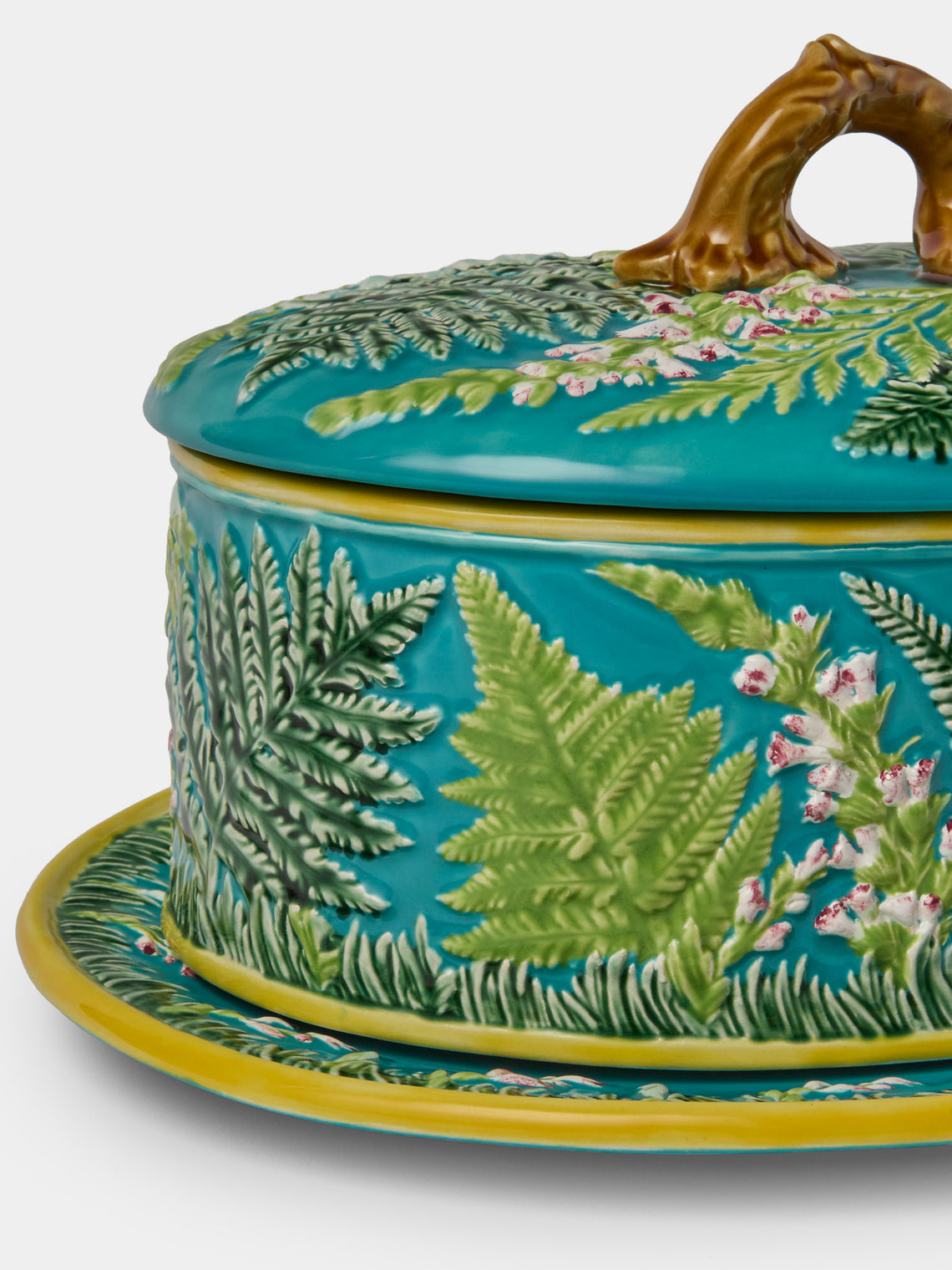 Verdolini - Foliage Hand-Painted Majolica Ceramic Oval Casserole Dish with Stand - Blue - ABASK