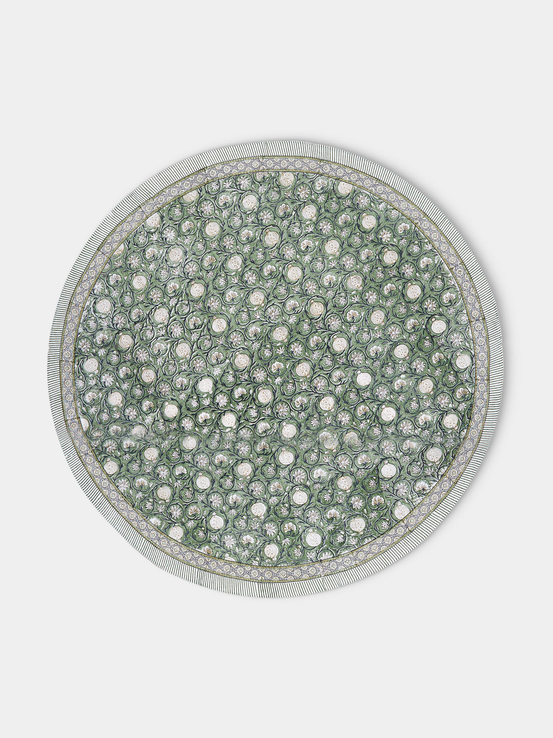 Chamois - Tangier Pomegranate Block-Printed Cotton Round Tablecloth (63in/1.6m) - Green - ABASK - 