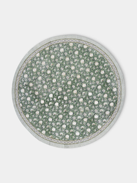 Chamois - Tangier Pomegranate Block-Printed Cotton Round Tablecloth (63in/1.6m) - Green - ABASK - 