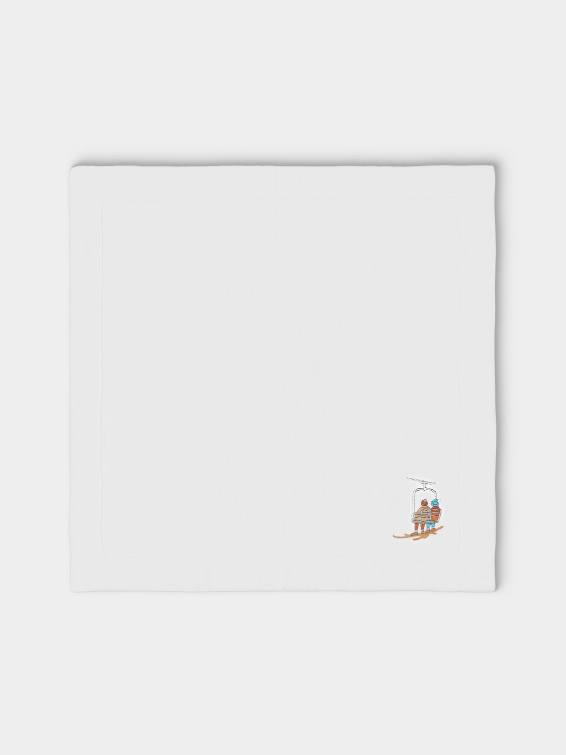 ERI Textiles - | Set of 4 | Up We Go Skiing Hand-Embroidered Linen Napkins - White - ABASK