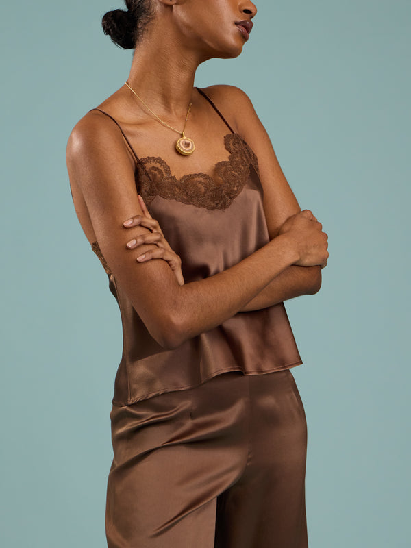 Loretta Caponi - Esmeralda Silk and Lace Top | Size: XS - Brown - ABASK