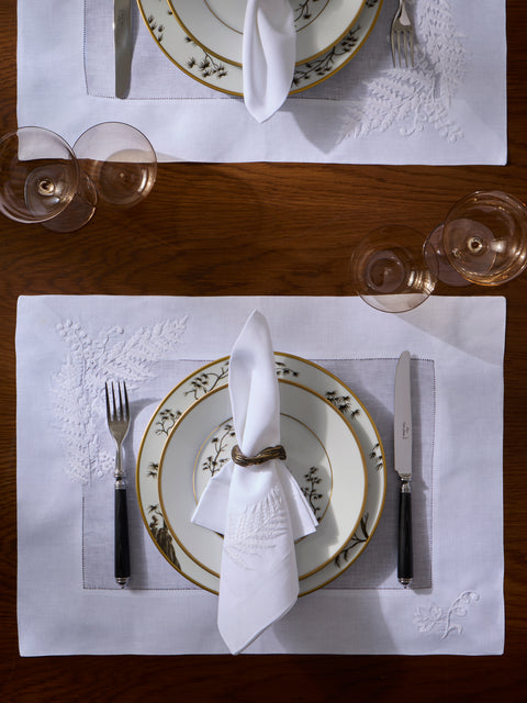 ERI Textiles - | Set of 4 | Fern Hand-Embroidered Linen Placemats - White - ABASK