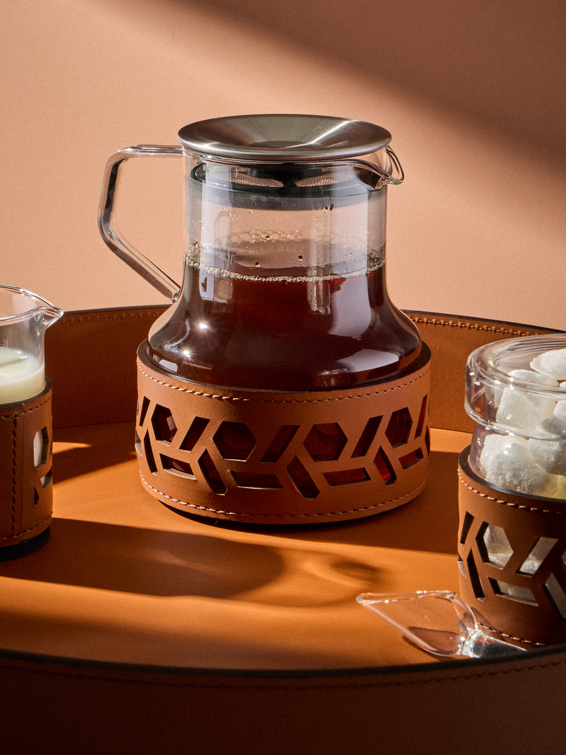 RUDI - Messina Glass and Leather Teapot - Brown - ABASK