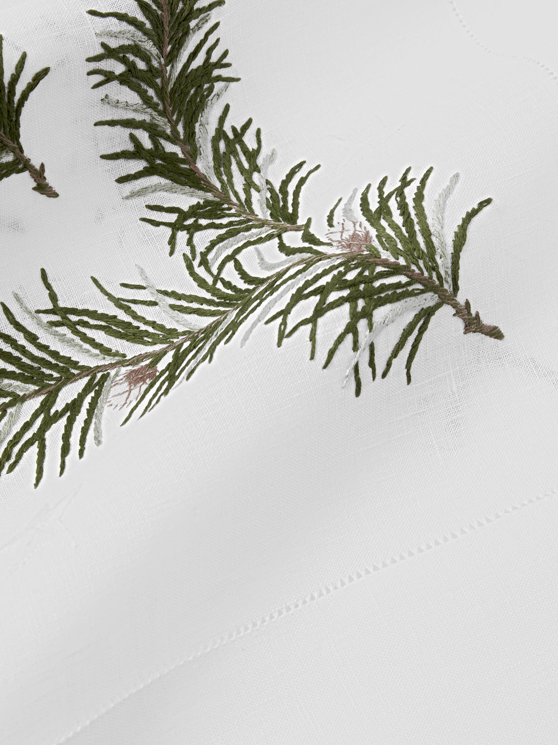 ERI Textiles - Christmas Branch Hand-Embroidered Linen Rectangular Tablecloth (118in/3m) - Multiple - ABASK