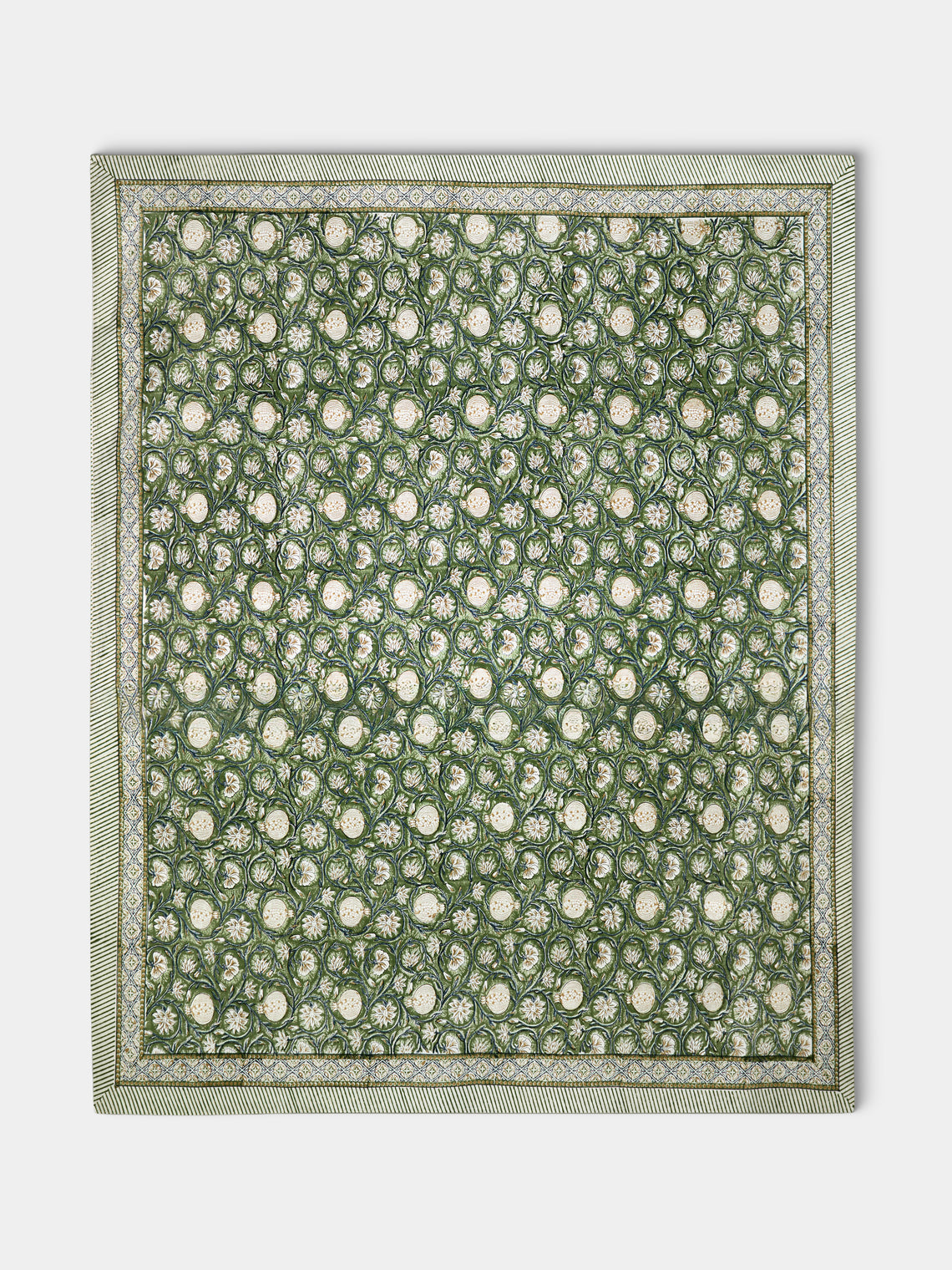 Chamois - Tangier Pomegranate Block-Printed Cotton Rectangular Tablecloth (90.5in/2.3m) - Green - ABASK