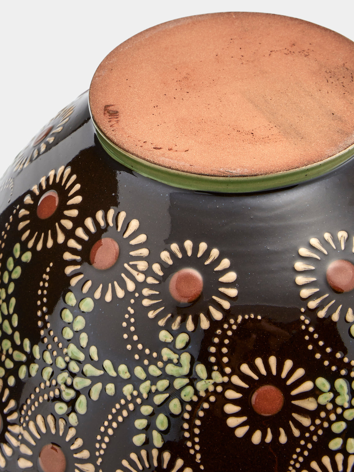 Poterie d’Évires - Flowers Hand-Painted Ceramic Large Serving Bowl - Dark brown - ABASK