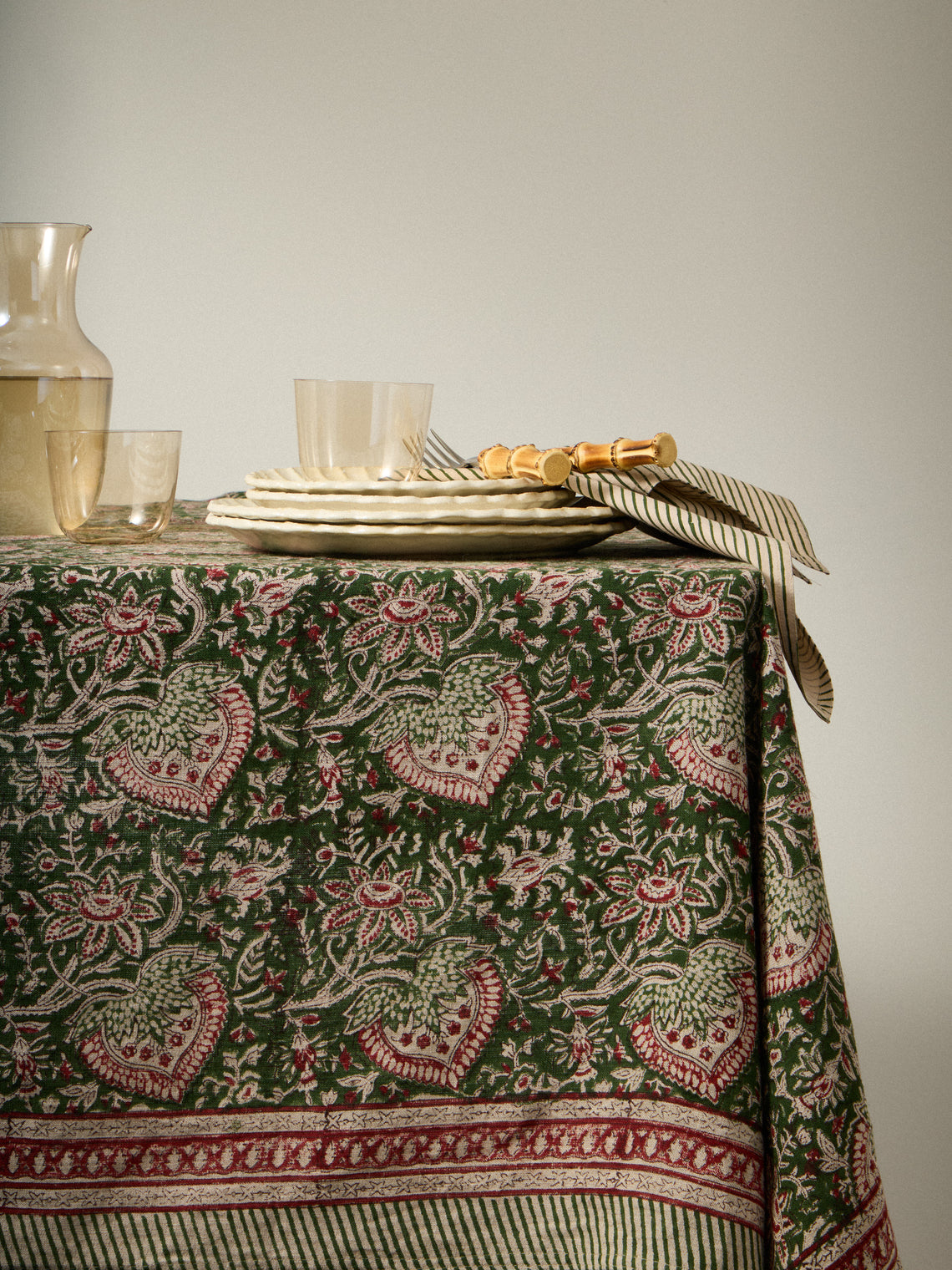 Chamois - Oriental Block-Printed Linen Rectangular Tablecloth (106.5in/2.7m) - Multiple - ABASK