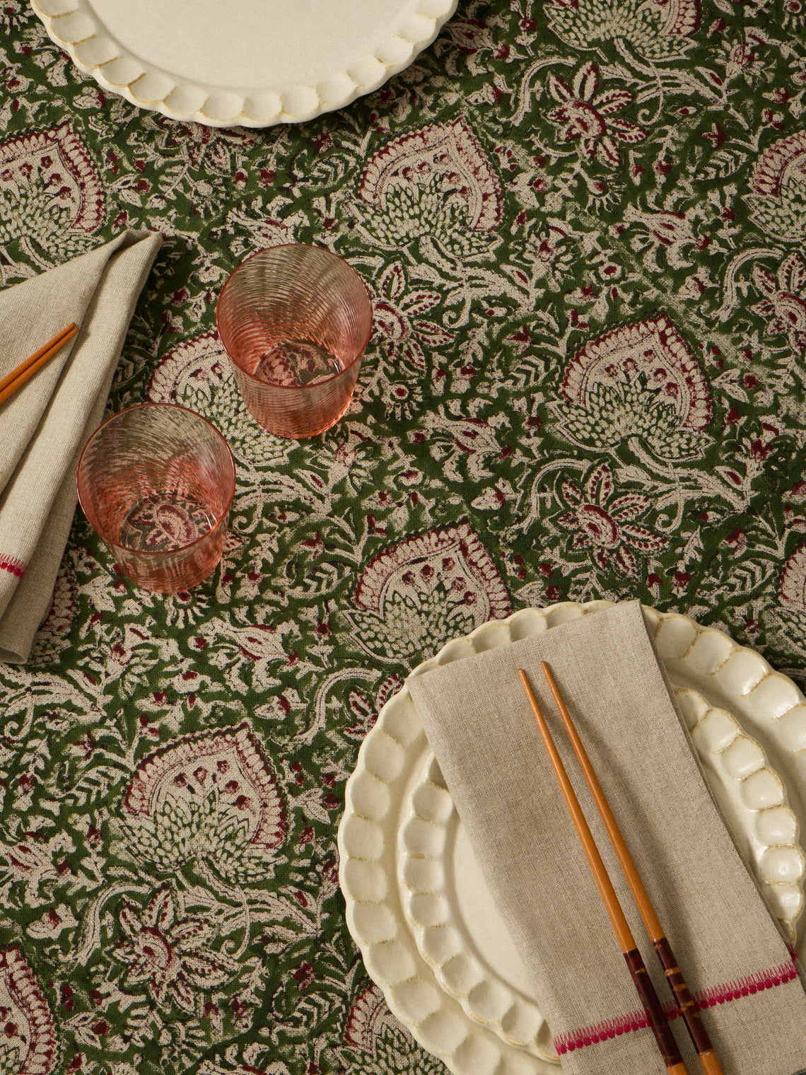Chamois - Oriental Block-Printed Linen Rectangular Tablecloth (138in/3.5m) - Multiple - ABASK