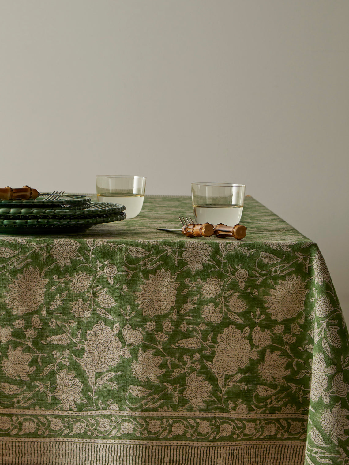 Chamois - Indian Rose Block-Printed Linen Rectangular Tablecloth (90.5in/2.3m) - Green - ABASK