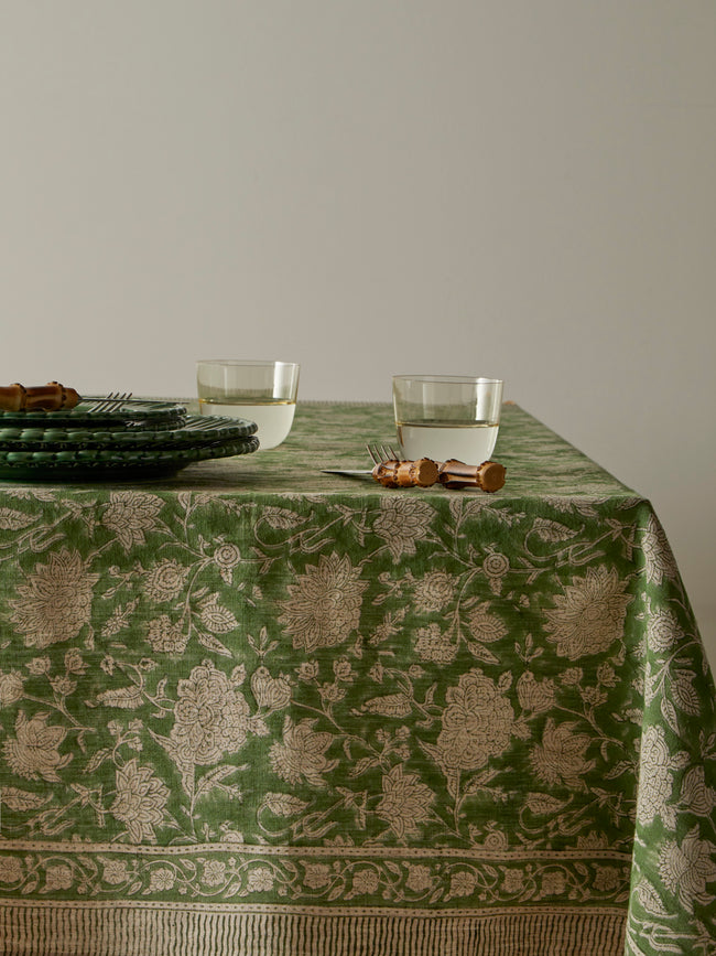 Chamois - Indian Rose Block-Printed Linen Rectangular Tablecloth (90.5in/2.3m) - Green - ABASK