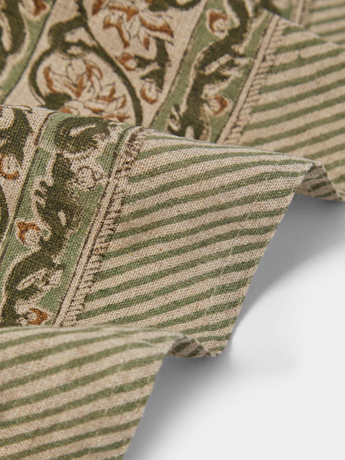 Chamois - Parrot Block-Printed Linen Rectangular Tablecloth (138in/3.5m) - Multiple - ABASK