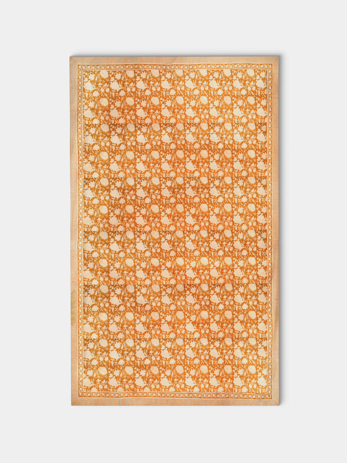 Chamois - Indian Rose Block-Printed Cotton Rectangular Tablecloth (138in/3.5m) - Orange - ABASK