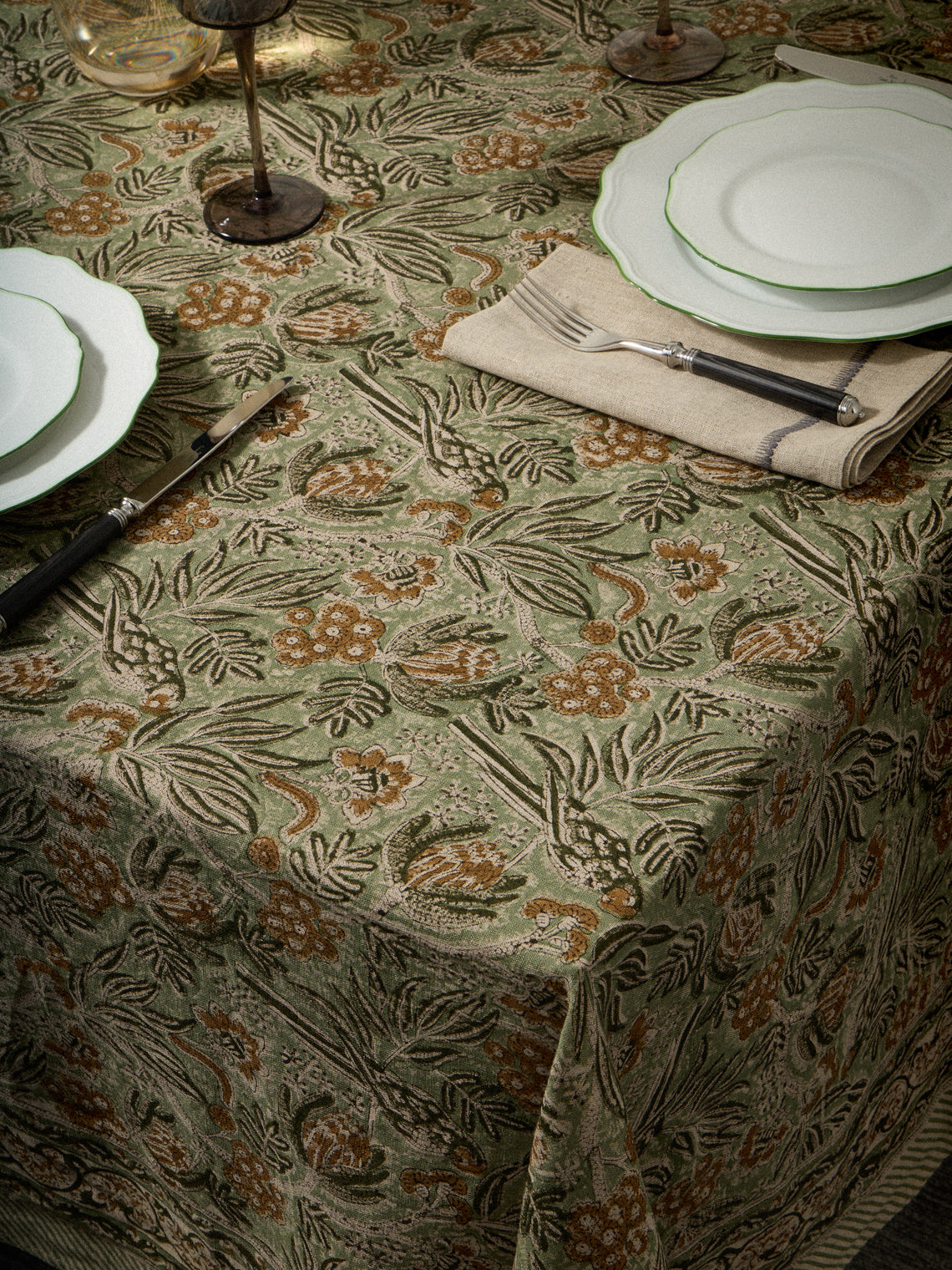 Chamois - Parrot Block-Printed Linen Rectangular Tablecloth (138in/3.5m) - Multiple - ABASK