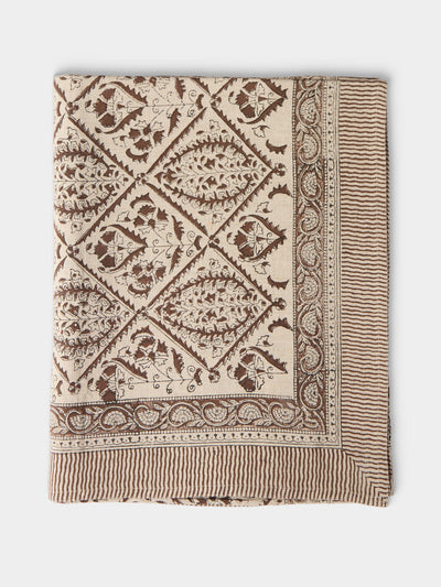 Chamois - Jaipur Block-Printed Linen Rectangular Tablecloth (106in/2.7m) - Brown - ABASK - 