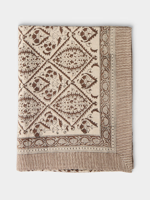Chamois - Jaipur Block-Printed Linen Rectangular Tablecloth (106in/2.7m) - Brown - ABASK - 