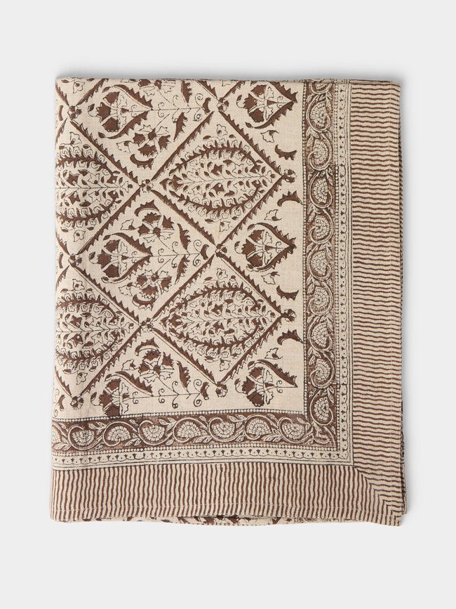 Chamois - Jaipur Block-Printed Linen Rectangular Tablecloth (106in/2.7m) - Brown - ABASK - 