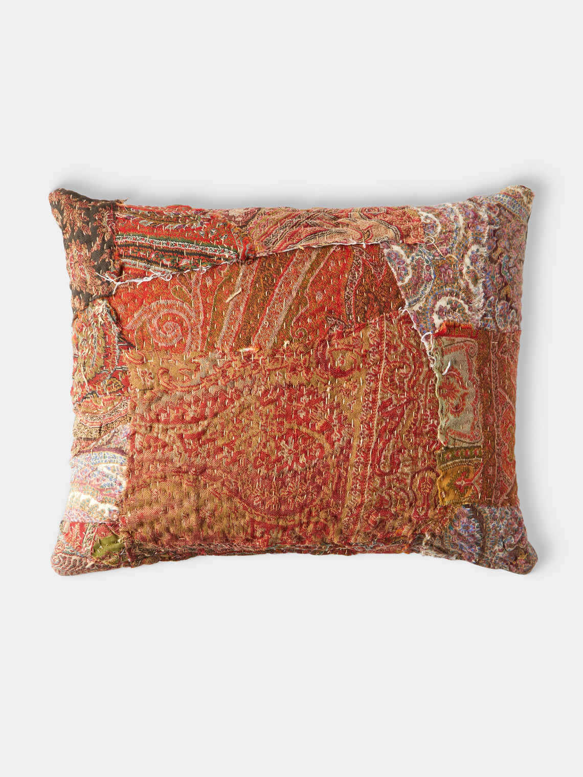 By Walid - 19th-Century Paisley Patchwork Wool and Damask Cushion (17.5in/45cm) - Multiple - ABASK - 