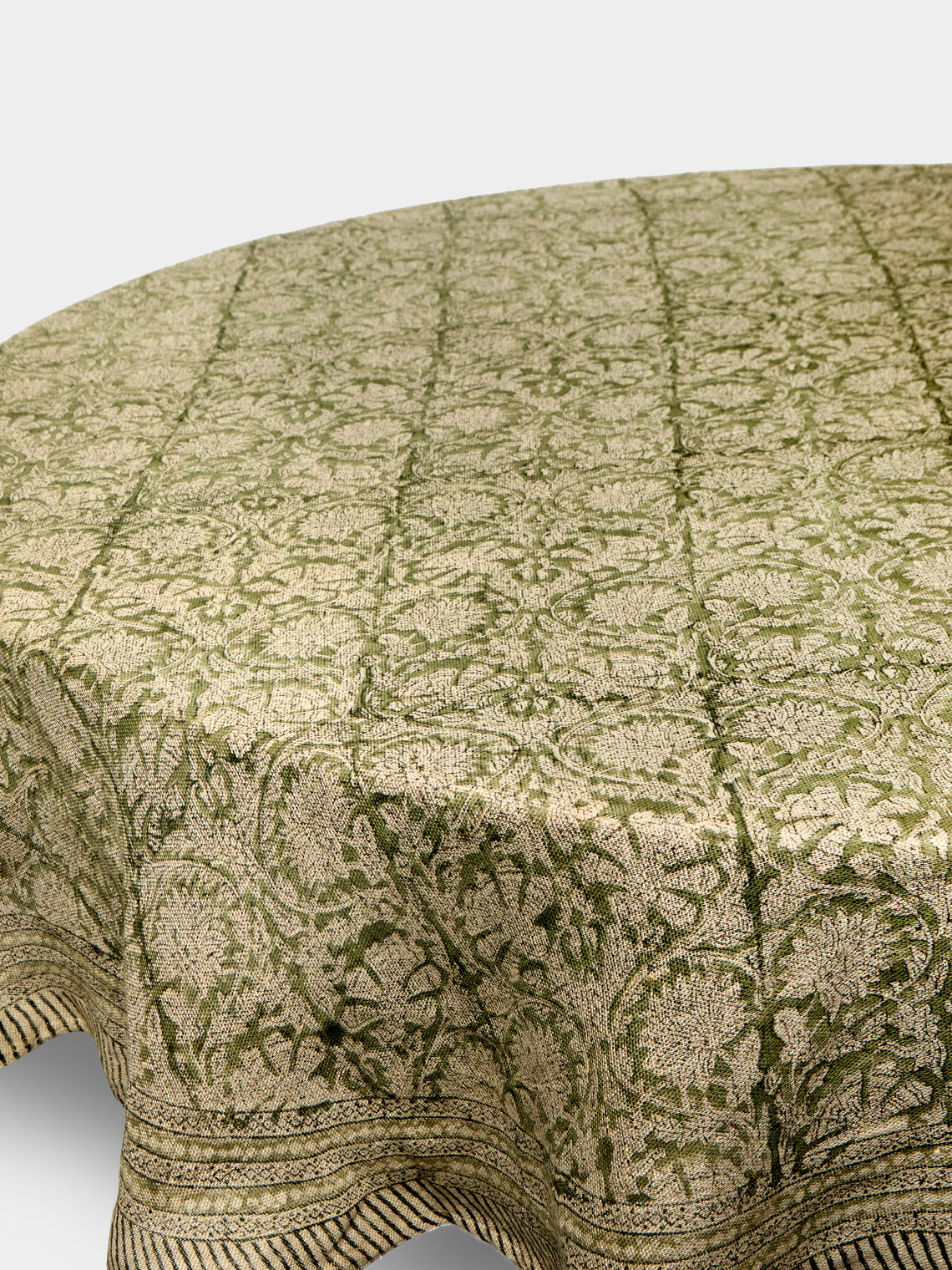 Chamois - Big Paisley Block-Printed Linen Round Tablecloth (86.5in/2.2m) - Green - ABASK