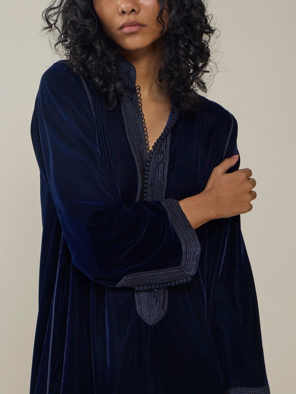 Muzungu Sisters - Alia Hand-Embroidered Velvet Dress | Size: S - Navy - ABASK