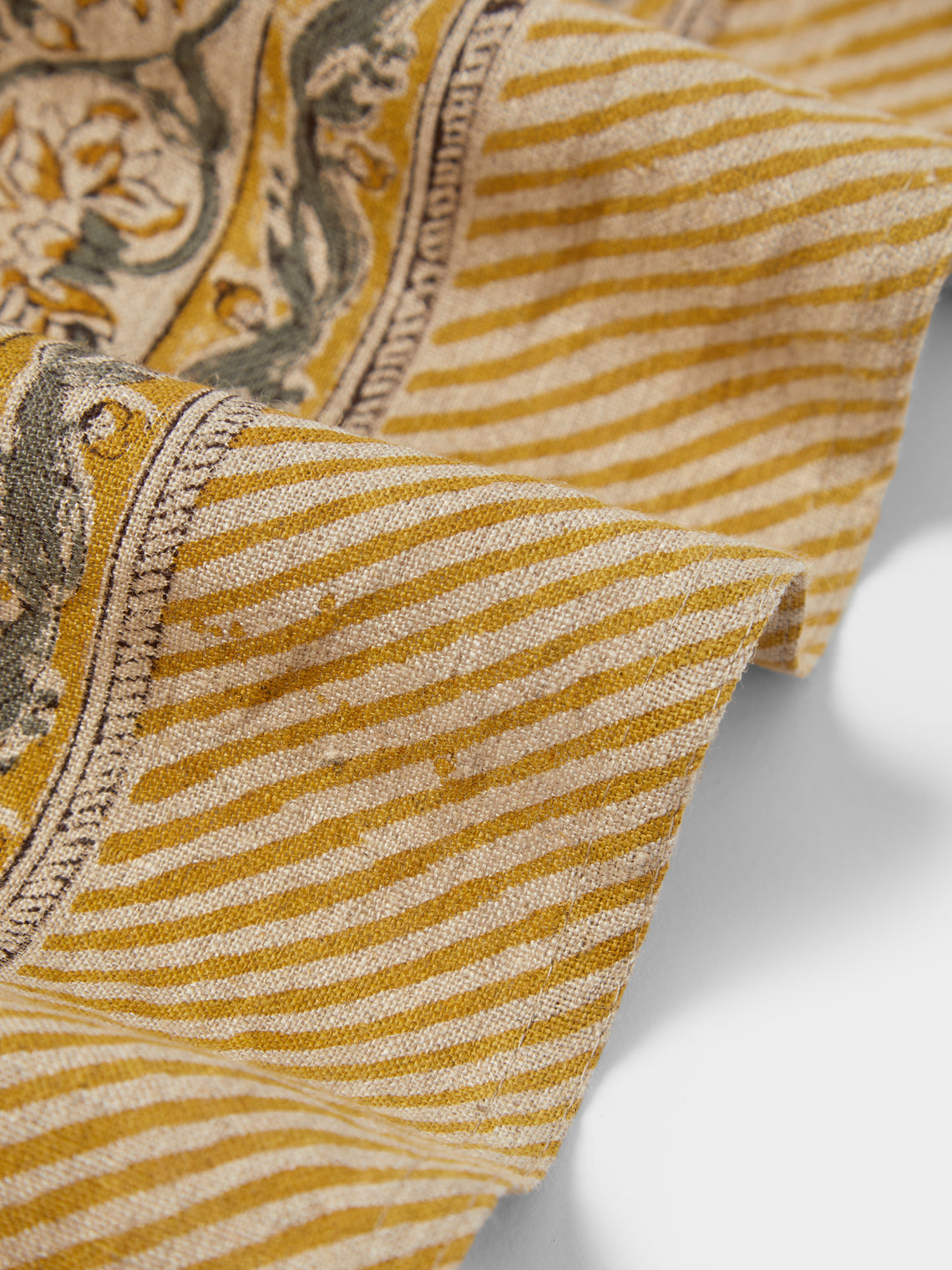 Chamois - Parrot Block-Printed Linen Rectangular Tablecloth (138in/3.5m) - Multiple - ABASK