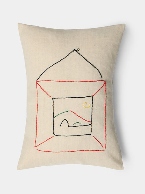 Oeuvres Sensibles - Picture Hand-Embroidered Cotton and Hemp Cushion (15.5in/40cm) - Cream - ABASK - 