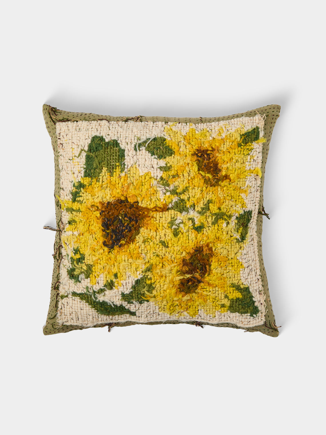 By Walid - 1920s French Needlepoint Wool and Ticking Fabric Cushion (18.5in/47cm) - Multiple - ABASK - 