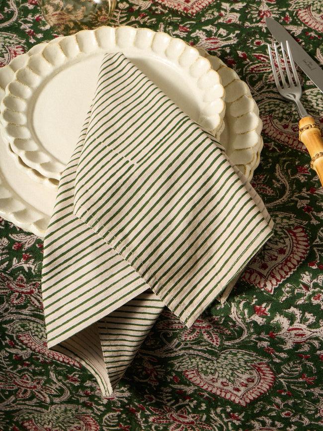 Chamois - | Set of 8 | Stripe Block-Printed Cotton Napkins - Green - ABASK