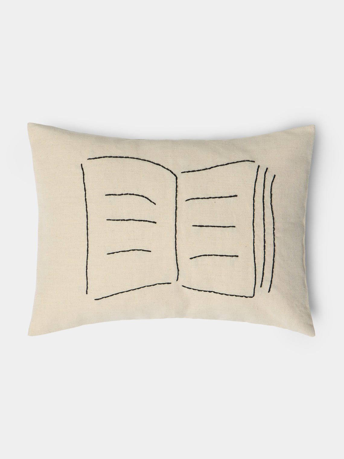 Oeuvres Sensibles - Book Hand-Embroidered Cotton and Hemp Cushion (15.5in/40cm) - Cream - ABASK - 