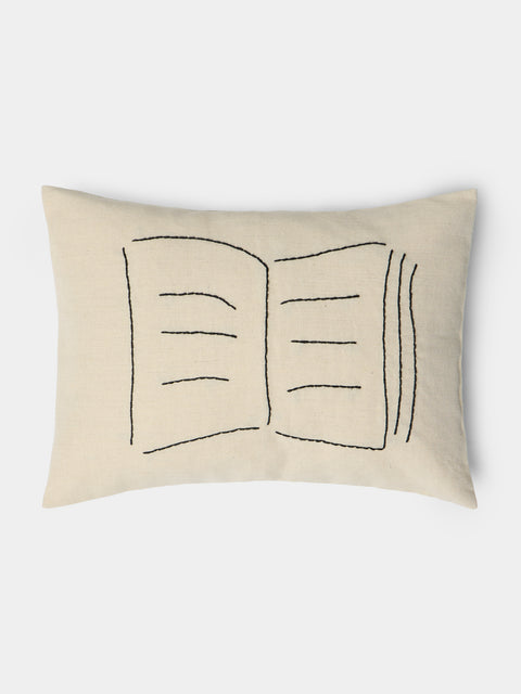 Oeuvres Sensibles - Book Hand-Embroidered Cotton and Hemp Cushion (15.5in/40cm) - Cream - ABASK - 