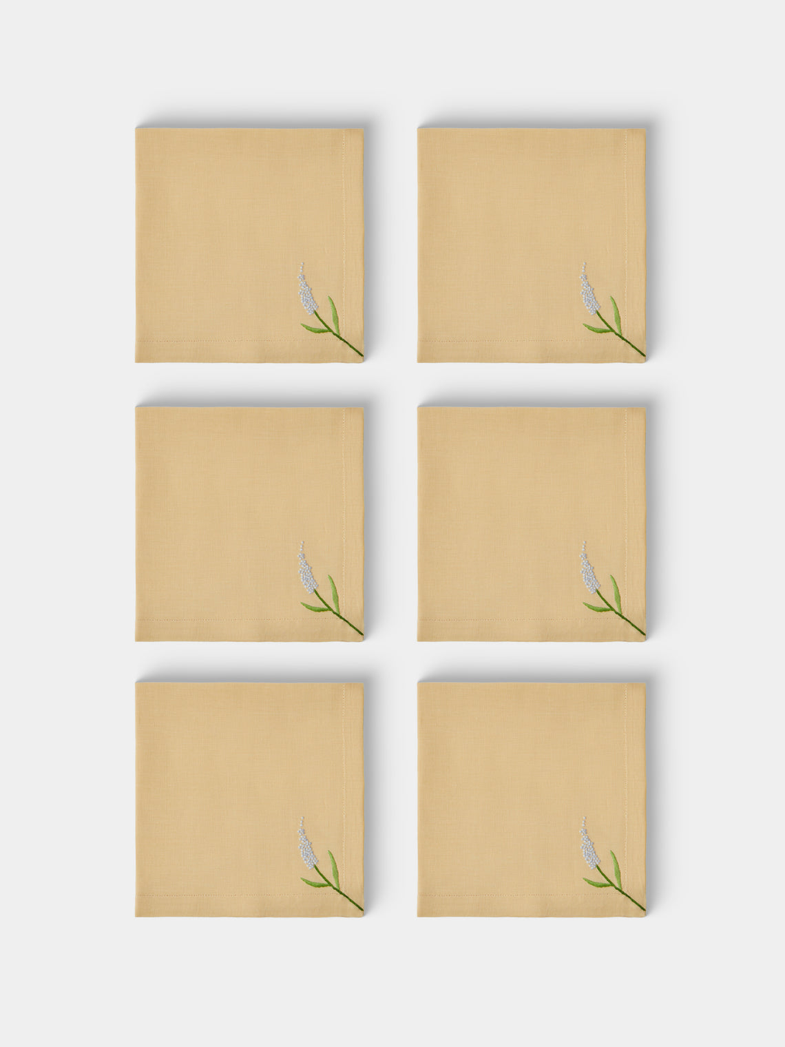 Taf Firenze - | Set of 6 | Floral Hand-Embroiderd Linen Placemats and Napkins - Yellow - ABASK - 