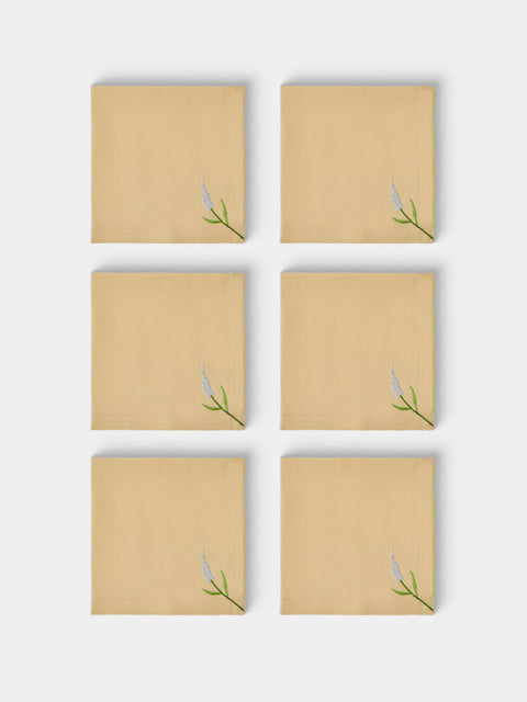 Taf Firenze - | Set of 6 | Floral Hand-Embroiderd Linen Placemats and Napkins - Yellow - ABASK - 