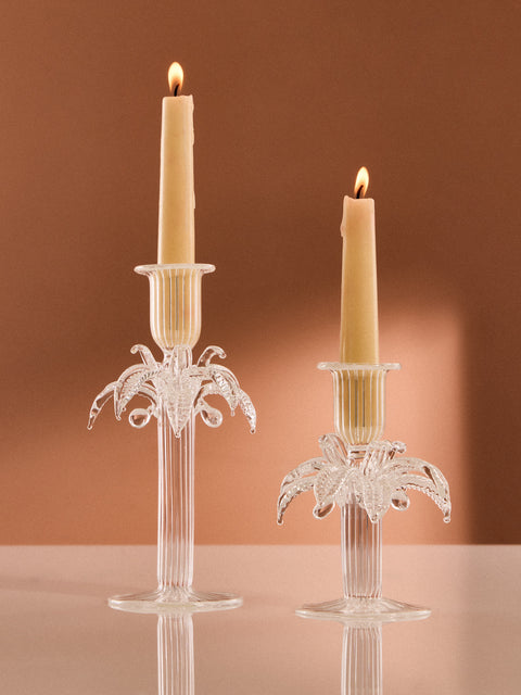 Alya Tannous - | Set of 2 | Palm Tree Hand-Blown Glass Candlesticks - Clear - ABASK