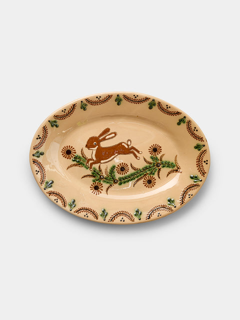 Poterie d’Évires - Rabbits Hand-Painted Ceramic Oval Platter - Cream - ABASK - 
