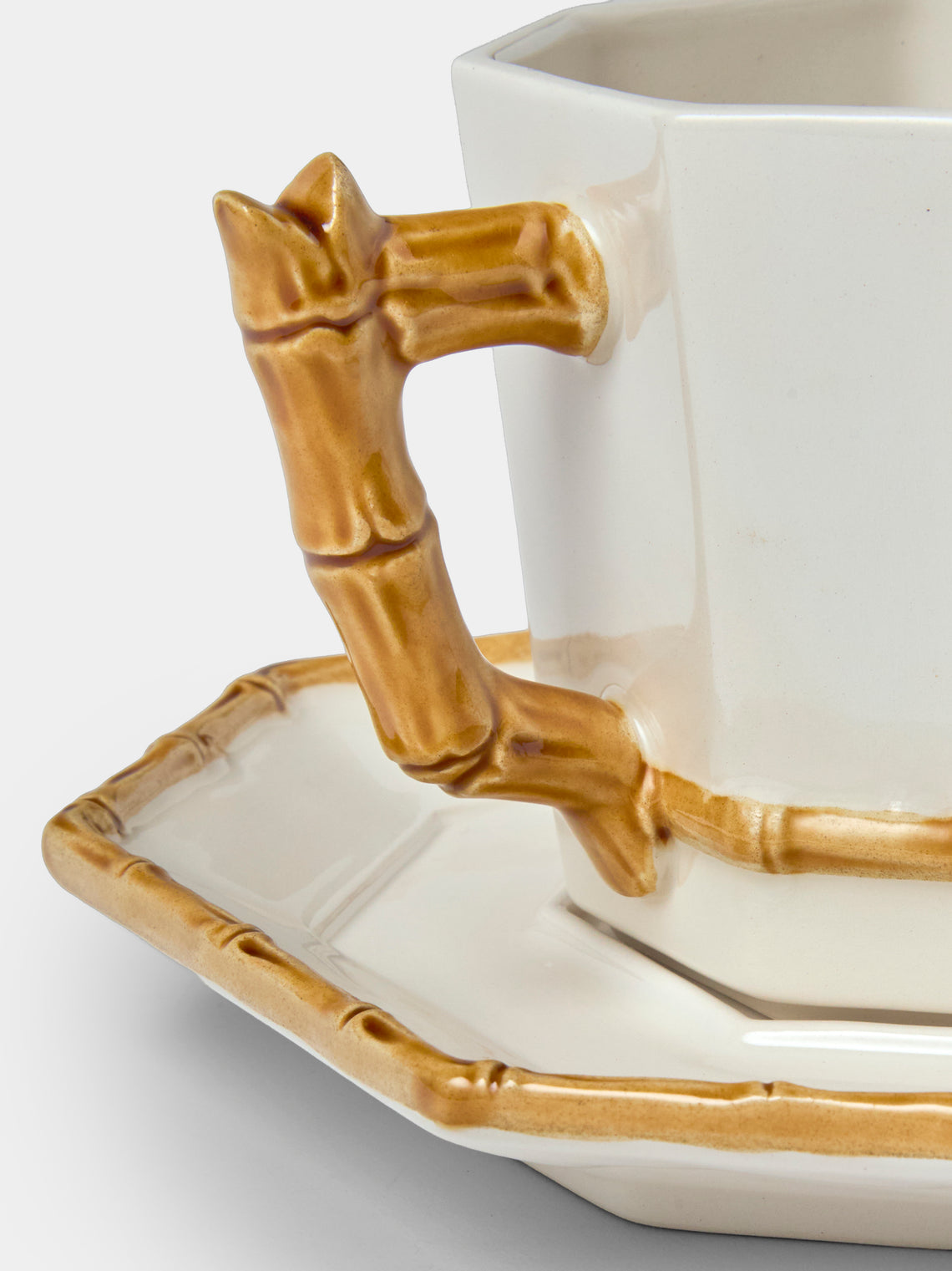 Verdolini - Bamboo Hand-Painted Ceramic Teacup and Saucer - White - ABASK