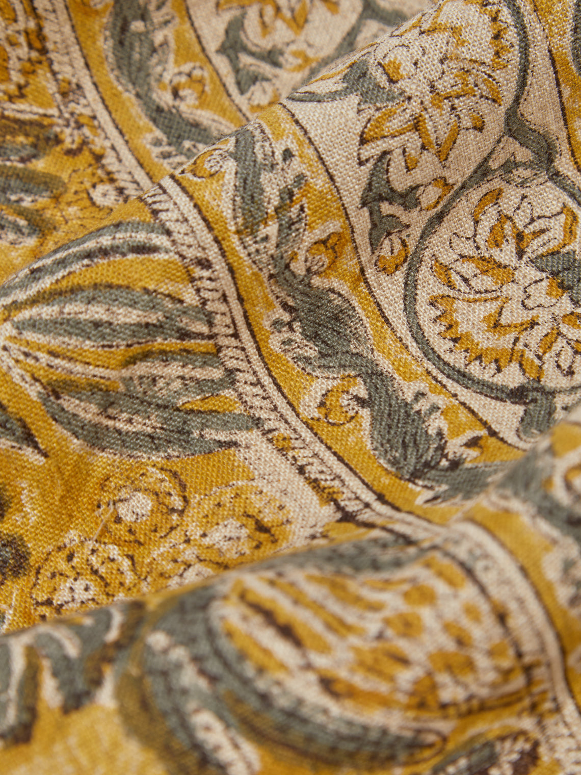 Chamois - Parrot Block-Printed Linen Rectangular Tablecloth (138in/3.5m) - Multiple - ABASK