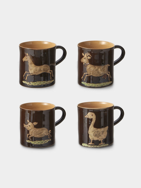 Poterie d’Évires - Animals Hand-Painted Ceramic Mugs (Set of 4) - Dark Brown - ABASK - 