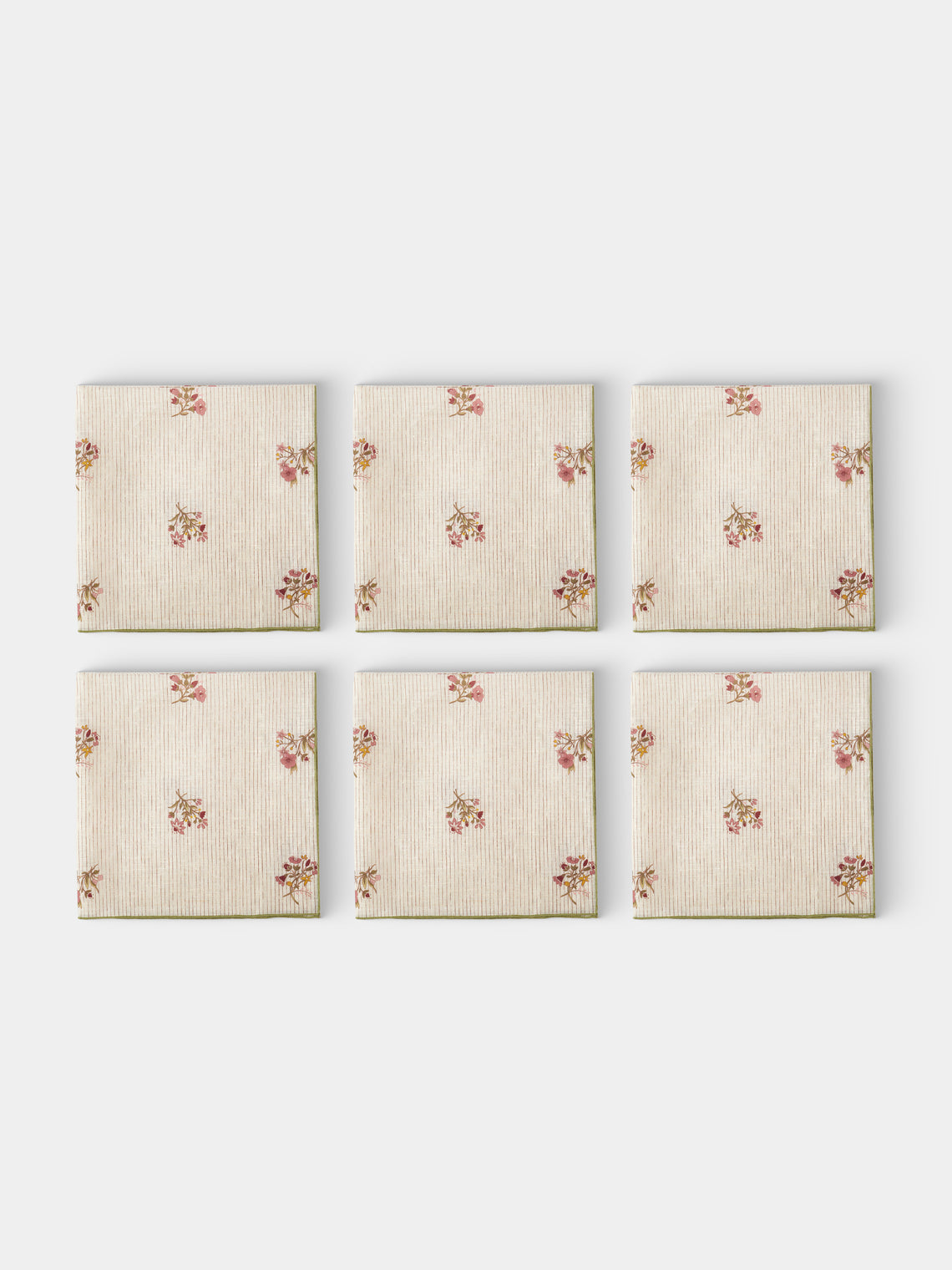 Volga Linen - Scarlet Flax & Field Posy Pinstripe Overlock-Stitch Napkins (Set of 6) - Cream - ABASK - 