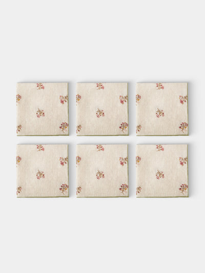 Volga Linen - Scarlet Flax & Field Posy Pinstripe Overlock-Stitch Napkins (Set of 6) - Cream - ABASK - 