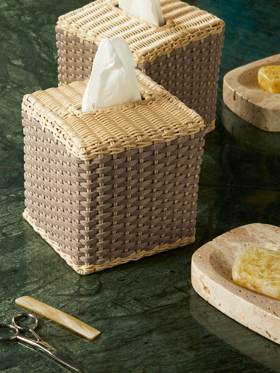 Giobagnara - Antibes Handwoven Leather and Rattan Tissue Box - Taupe - ABASK