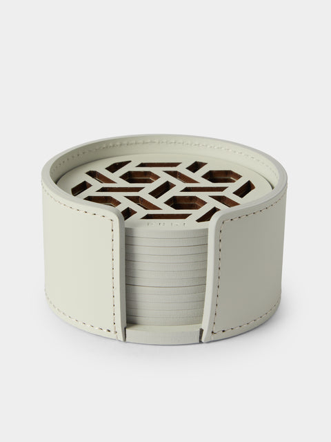 RUDI - | Set of 12 | Acquerello Leather Coasters with Holder - White - ABASK - 