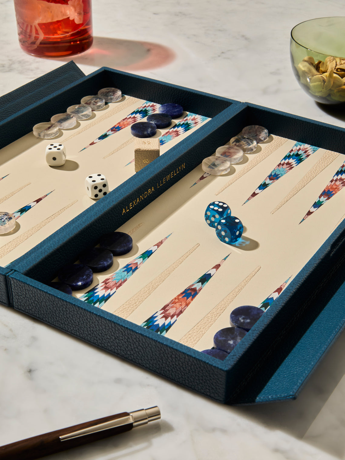 Alexandra Llewellyn - Blue Aztec Leather Travel Backgammon Set - Blue - ABASK