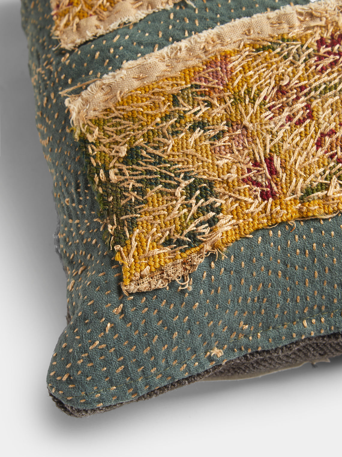 By Walid - 18th-Century Needlepoint Wool and Linen Cushion (17.5in/45cm) - Blue - ABASK