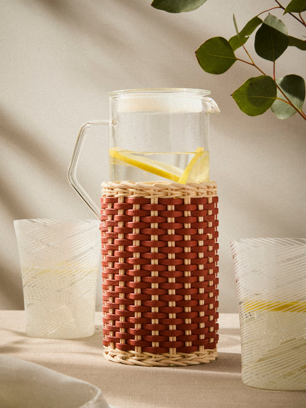 Pigment France - Marseille Leather and Rattan Glass Pitcher (42oz/1.2L) - Red - ABASK