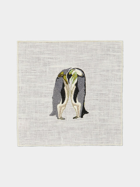 La Gallina Matta - Penguins Embroidered Linen Cocktail Napkins (Set of 5) -  - ABASK