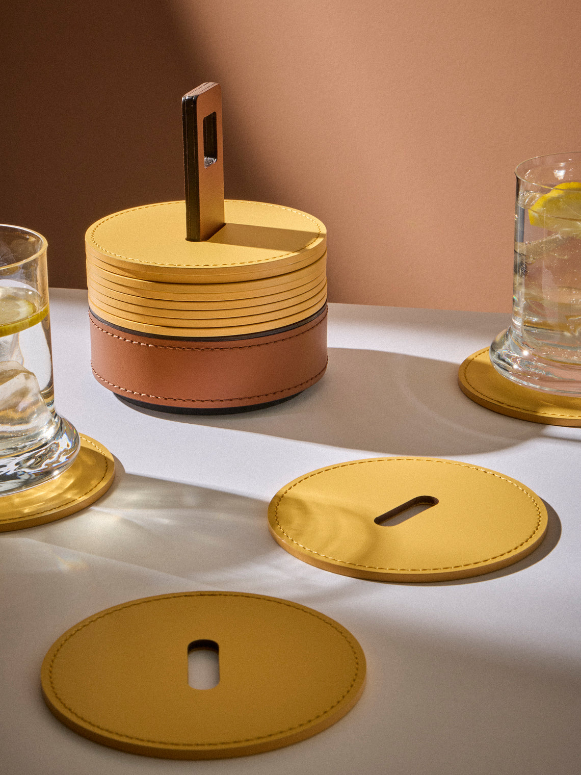 RUDI - | Set of 12 | Nautilus Leather Coasters with Holder - Yellow - ABASK