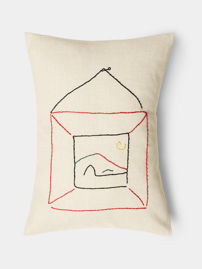 Oeuvres Sensibles - Picture Hand-Embroidered Cotton and Hemp Linen Cushion (15.5in/40cm) - Cream - ABASK - 