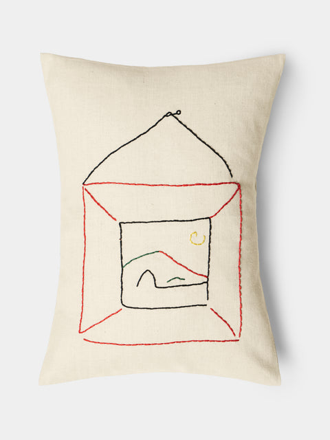 Oeuvres Sensibles - Picture Hand-Embroidered Cotton and Hemp Linen Cushion (15.5in/40cm) - Cream - ABASK - 