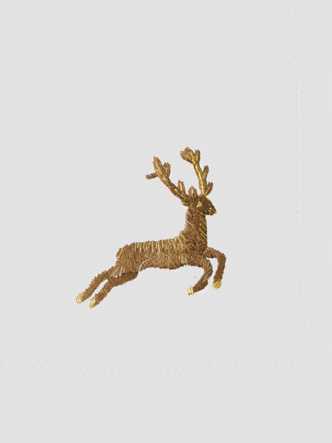 ERI Textiles - | Set of 4 | Gold Deer Hand-Embroidered Linen Napkins - White - ABASK